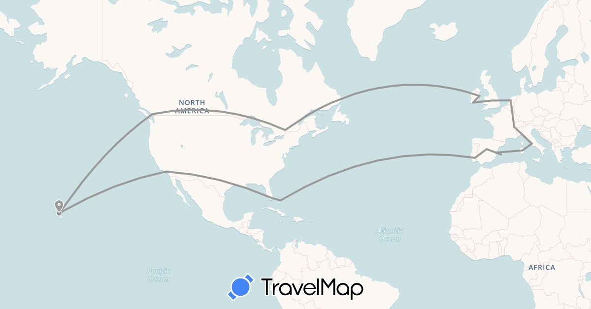 TravelMap itinerary: driving, plane in Bahamas, Canada, Switzerland, Spain, Ireland, Italy, Netherlands, Portugal, United States (Europe, North America)